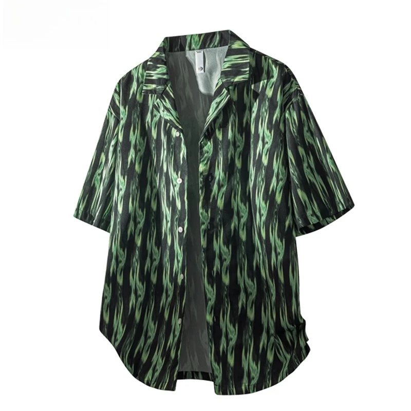 2025 Summer New Men's Beach Vacation Blue Purple Short Sleeve Shirt Trendy Couple Thin Loose Dark Green Khaki Shirt