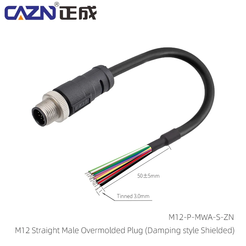 M12 Brass Contacts Shielded Circular Connector For Harsh Environment Male&Female A-coded Unshielded Overmolded Damping Plug