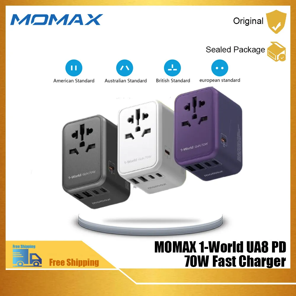 MOMAX 1-World UA8AU PD 70W Fast Charger Power Adapter GaN AC Travel Adaptor with UK/EU/AU/US Plugs