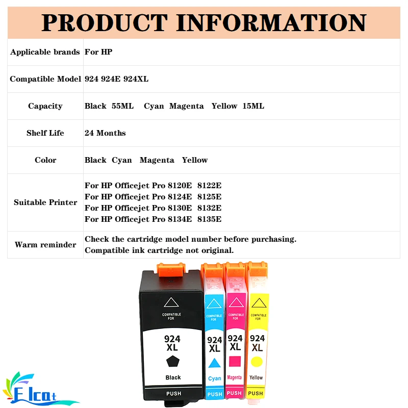 خرطوشة حبر 924 924 XL 924XL متوافقة مع طابعة HP Officejet 8120E 8124E 8125E 8132E 8130E 8135E لخرطوشة HP 924XL