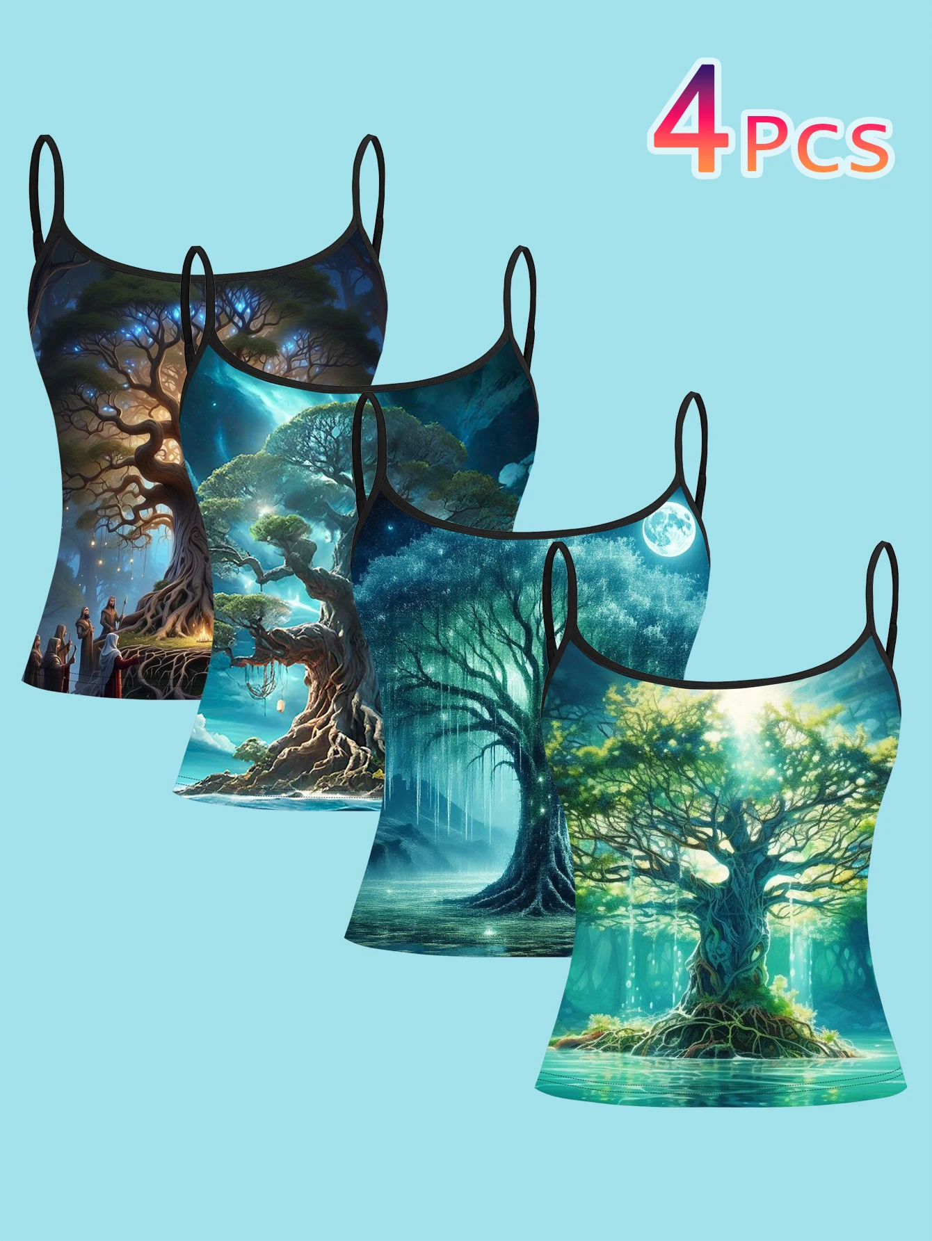 4-Piece Set of Fantasy Ancient Tree Landscape Print Camisoles, Forest-Themed, Slim-Fit, Flattering Inner Tank Tops