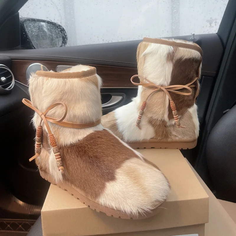 Schneeschuhe mit dicken Sohlen im ethnischen Stil für Frauen im Winter 2024 mit zusätzlichem Fleece und dicker Dicke und einem Trend zum Tragen