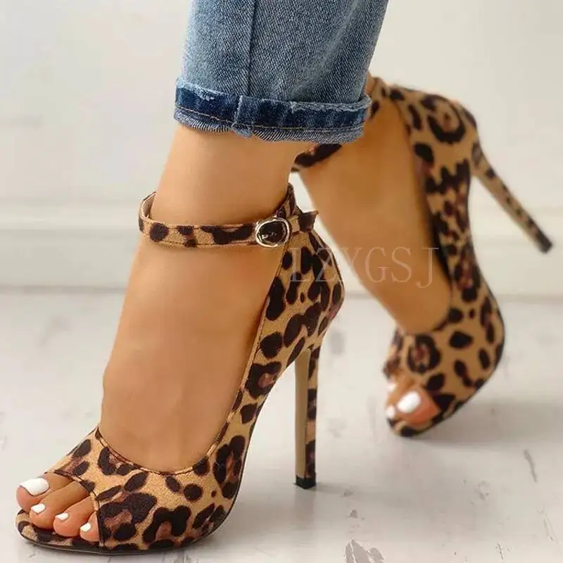 2025 Summer Leopard Print Sandals For Women Sexy Stiletto High Heels Open Toe Ankle Buckle Shoes Ladies Sandales Femme