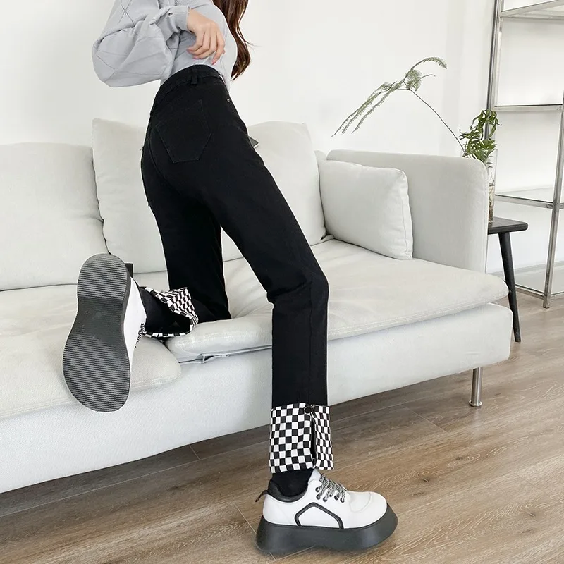 

Джинсы женские джинсовые в клетку в стиле пэчворк универсальные повседневные на пуговицах модные корейский стиль винтажные милые манжеты с карманами ретро весенние крутые