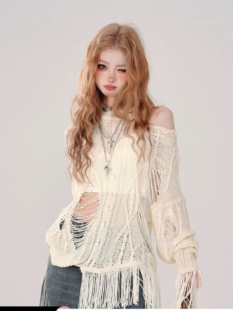 Fashion Street Hole Hollow Out Thin Pullovers Spring Summer See Through Knitted Tops Women Y2k Long Sleeve Loose Sweaters