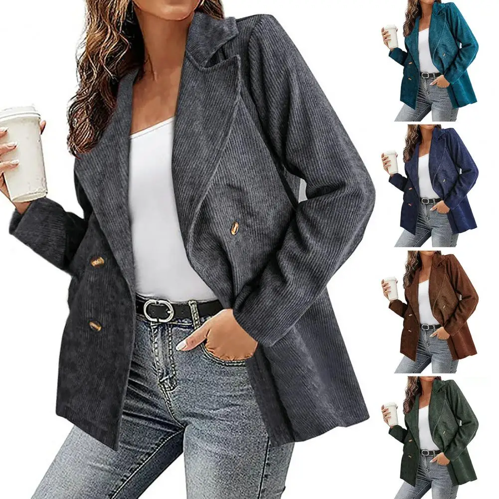 Chaqueta de otoño para mujer, cárdigan de manga larga, holgado, de Color sólido, con doble botonadura, cálido, Formal, de pana, de negocios, de invierno, para el trabajo