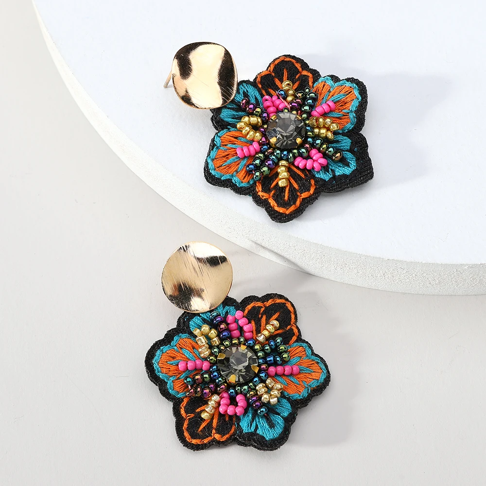 Vintage Flower Beads Handmade Weave Statement Jewelry Big Dangle Drop Earrings For Women Trend Luxury Charm Unique Accessories