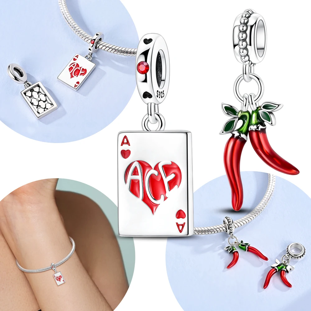 

Original 925 Silver Red Chili Pepper Heart Poker Card Pendant Bead Fit Bracelet Valentine's Day Gift Women Jewelry Diy Accessory