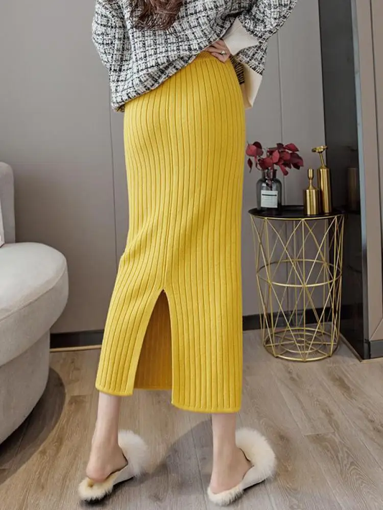

Women Solid Striped Pencil Midi Knitted Skirt High Ladies Autumn Winter Warm Straight Elastic Waist Wrap Hip Split Skirts