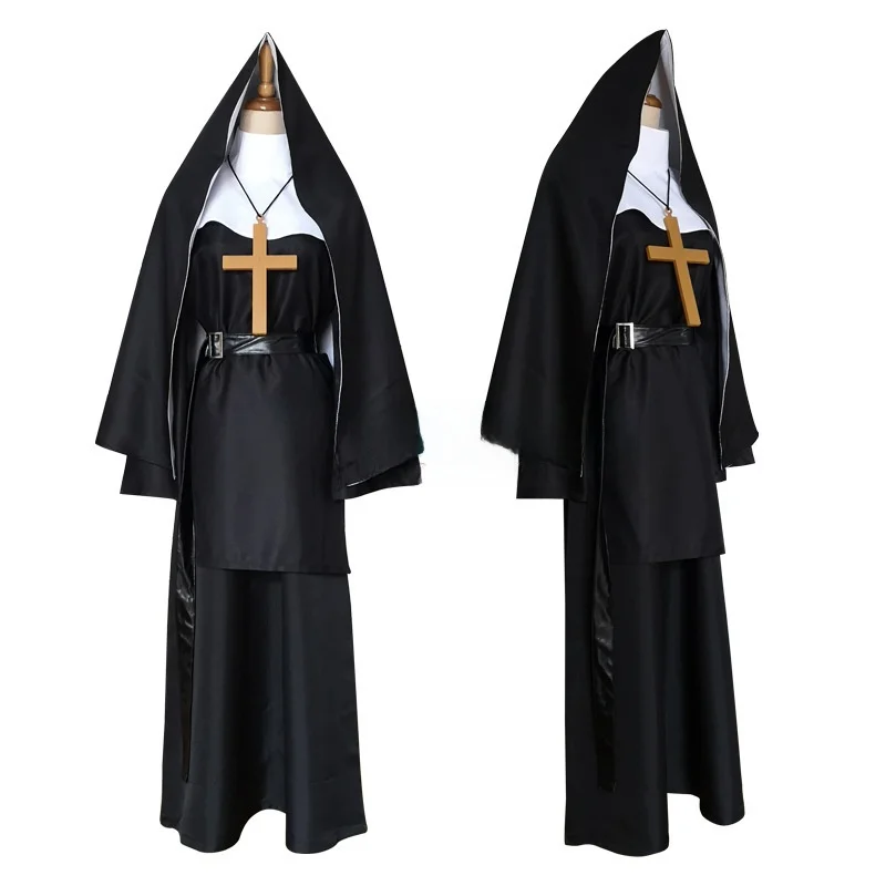 زي الراهبة البيضاء التأثيري للهالوين شبح نون كاهن موضوع ملابس نسائية تقليدية ملابس أداء المسرح