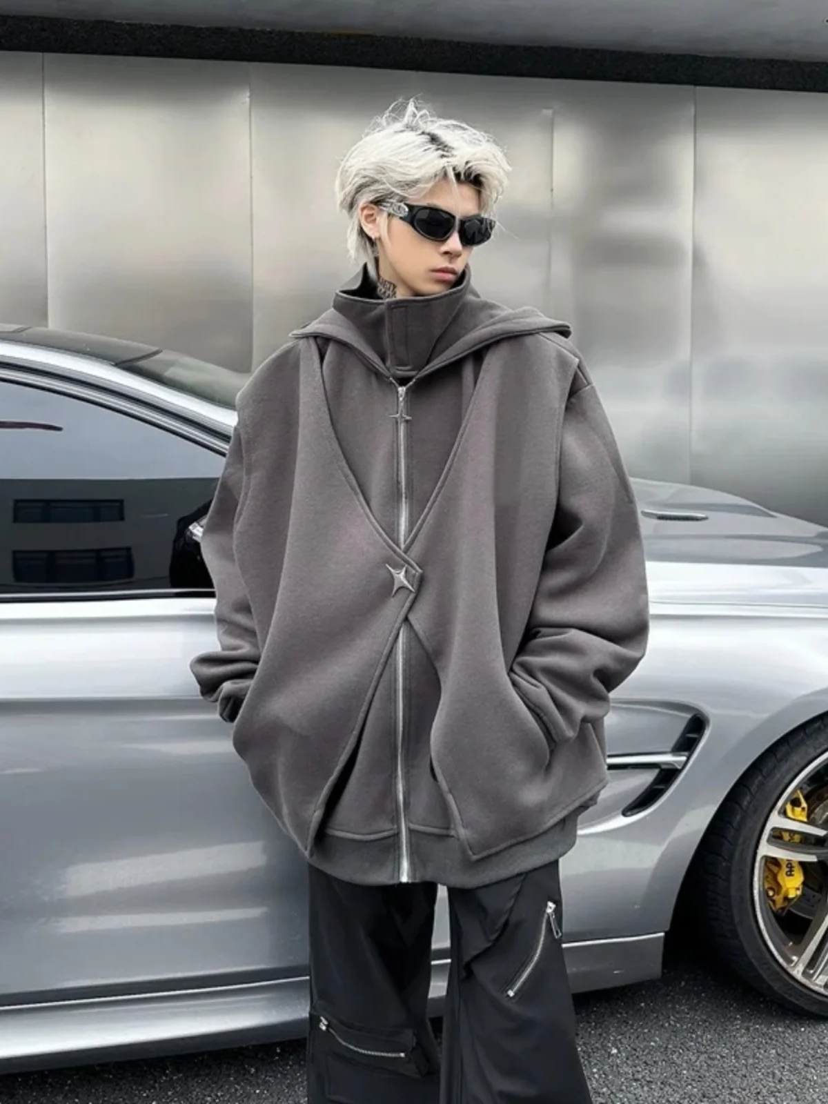 

Мужской кардиган-худи премиум-класса в стиле деконструкции, осенне-зимний, уличный стиль, хип-хоп, ветрозащитный, с высоким воротником, толстовка с капюшоном