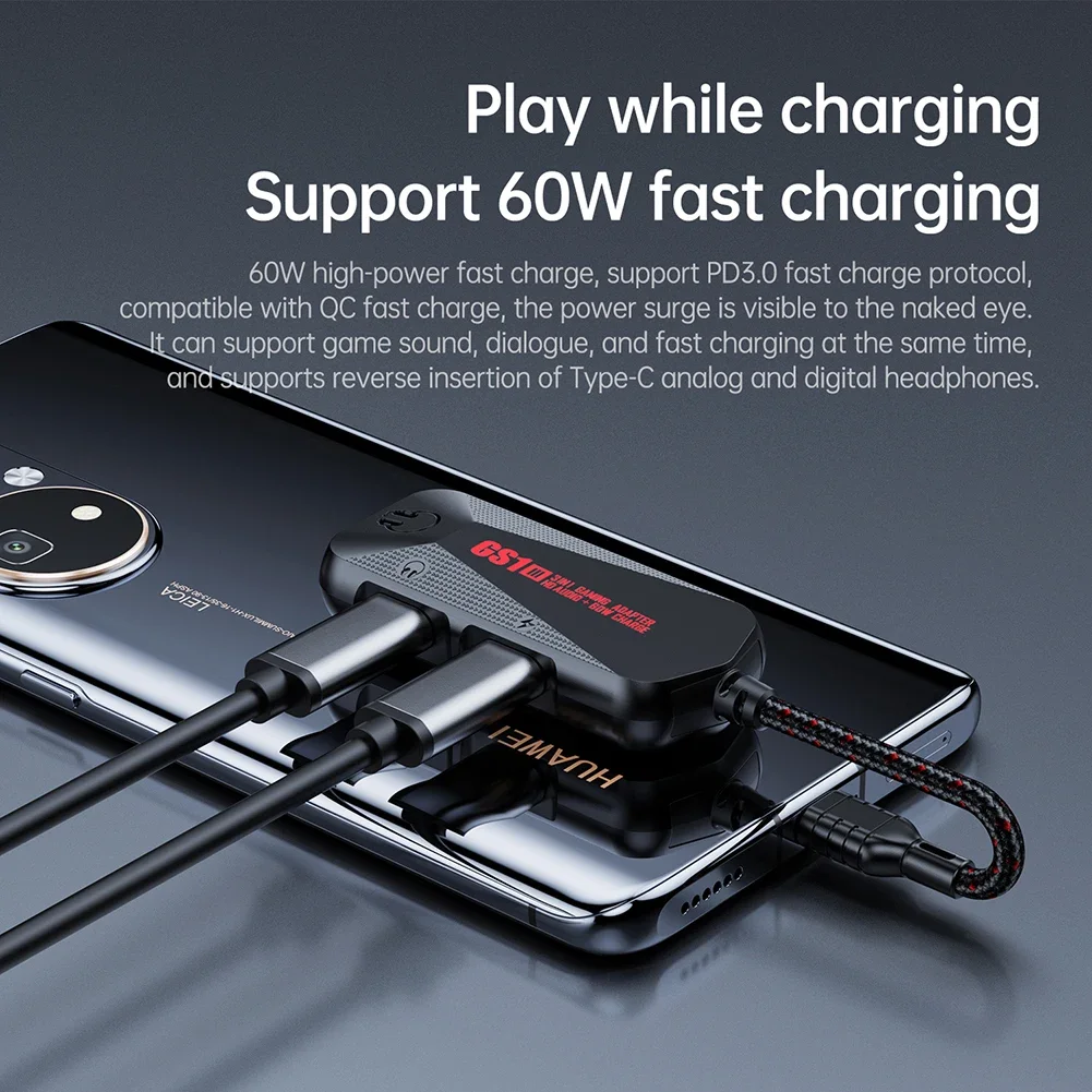 GS1 3 IN 1 Game Phone Sound Card Hi-Res Sound Quality Type C To 3.5mm Headphone Jack PD QC 60W Fast Charging Adapter For Xiaomi