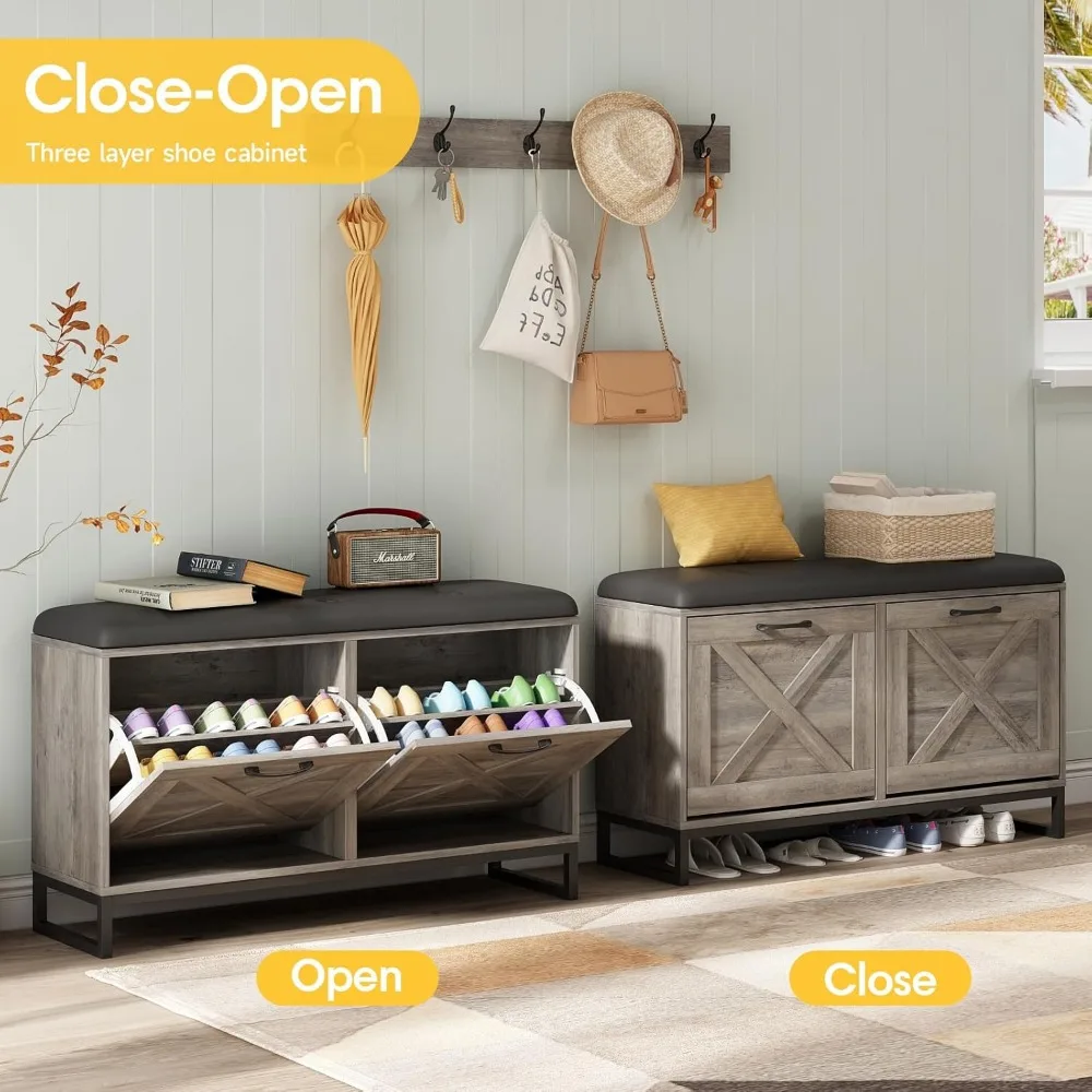 Shoe Cabinet with 2 Flip Drawers & Coat Rack, Shoe Storage Bench with Seat Cushion for Entryway, 5 Large Sturdy Metal