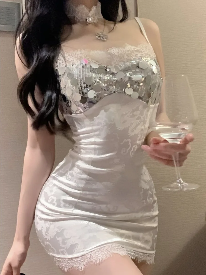 

Exotic Summer Fashion Women's Clothing New Round Neck Strap Lace Pattern Glitter Sexy Ruffle Tight Bag Hip Elegant Dress NHV7