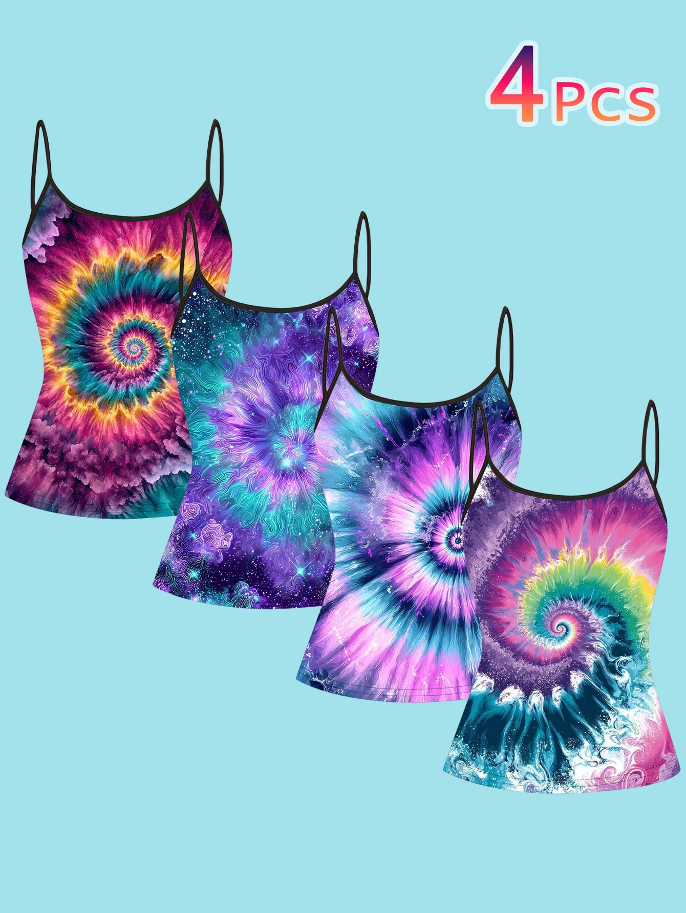 4-Piece Set of Women's Starry Sky Tie-Dye Spiral Print Spaghetti Strap Camisole Slim-Fit Base Layer Tops