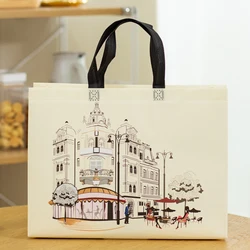 Beige Europen Building Printed Shopping Bag Non-Woven Fabric Eco Shopping Pouch Reusable Tote Handbag Travel Grocery Folding Bag