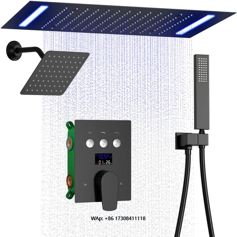 Matte Black Shower Unit Ceiling Mount 14x 20 Light Emitting Diode Shower Head and Hand Sprayer Dual Rain Shower Unit