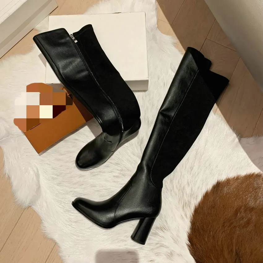 Qutaa 2024 über dem Knie hohe Stiefel für Frauen quadratische High Heel schlanke lange schwarze Stretch hohe Stiefel Damenschuhe Frau Größe 34-39