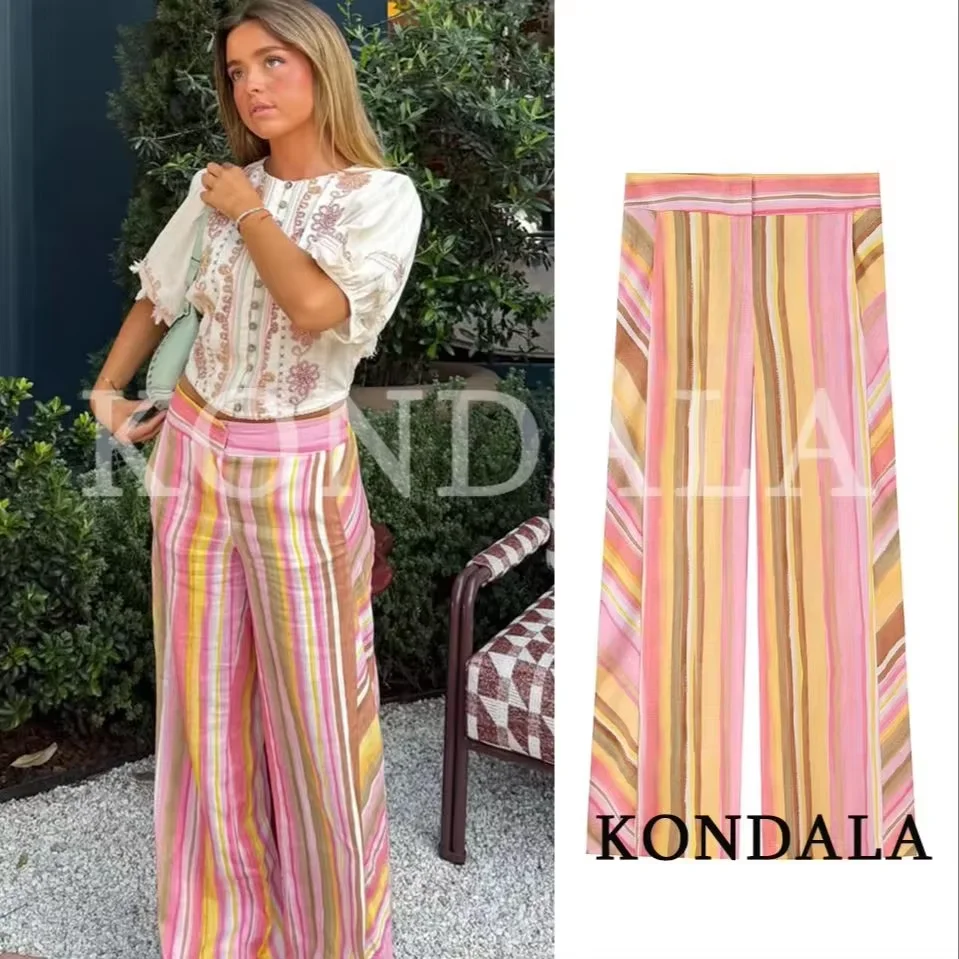Women Chic Leisure Colored Stripes Pants KONDALA 2026 Summer Fall Trendy Holiday Street Trousers Female Elegant Cute Long Pants