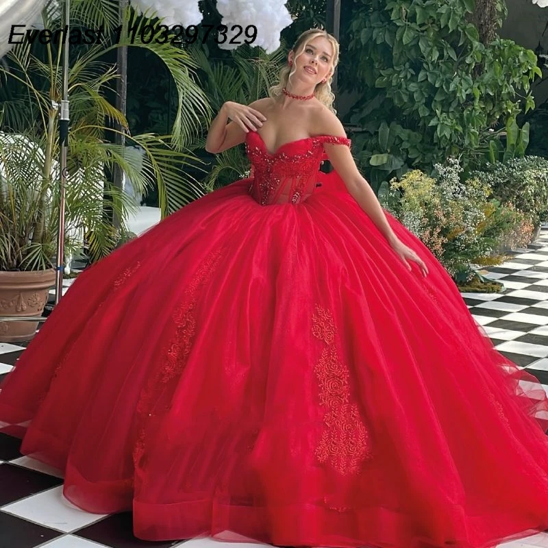 فستان Quinceanera الأحمر المكسيكي ، ثوب الكرة ، مزين بالدانتيل ، مشد كريستال مطرز ، فستان حفلات 16 حلو ، 15 عامًا ، TQD631