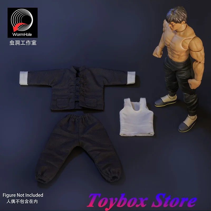 WormHole Studio 1/12 Strong Man Solider Kung Fu Clothes Set White T-shirt Black Tang Suit Pants Accessory For 6