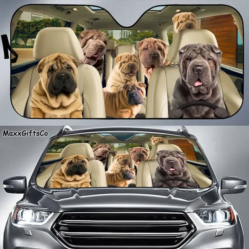 Shar Pei Auto Sonnenschutz, Shar Pei Windschutz scheibe, Hunde Familie Sonnenschutz, Hunde Autozubehör, Auto Dekoration, Geschenk für Papa, Mutter