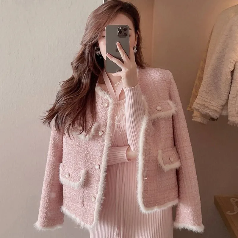 

Sweet Fashion Plush Splice Jacket Women Round Neck Single Breasted Temperament Celebrity Solid Gentle Winter Loose Chic Coat New