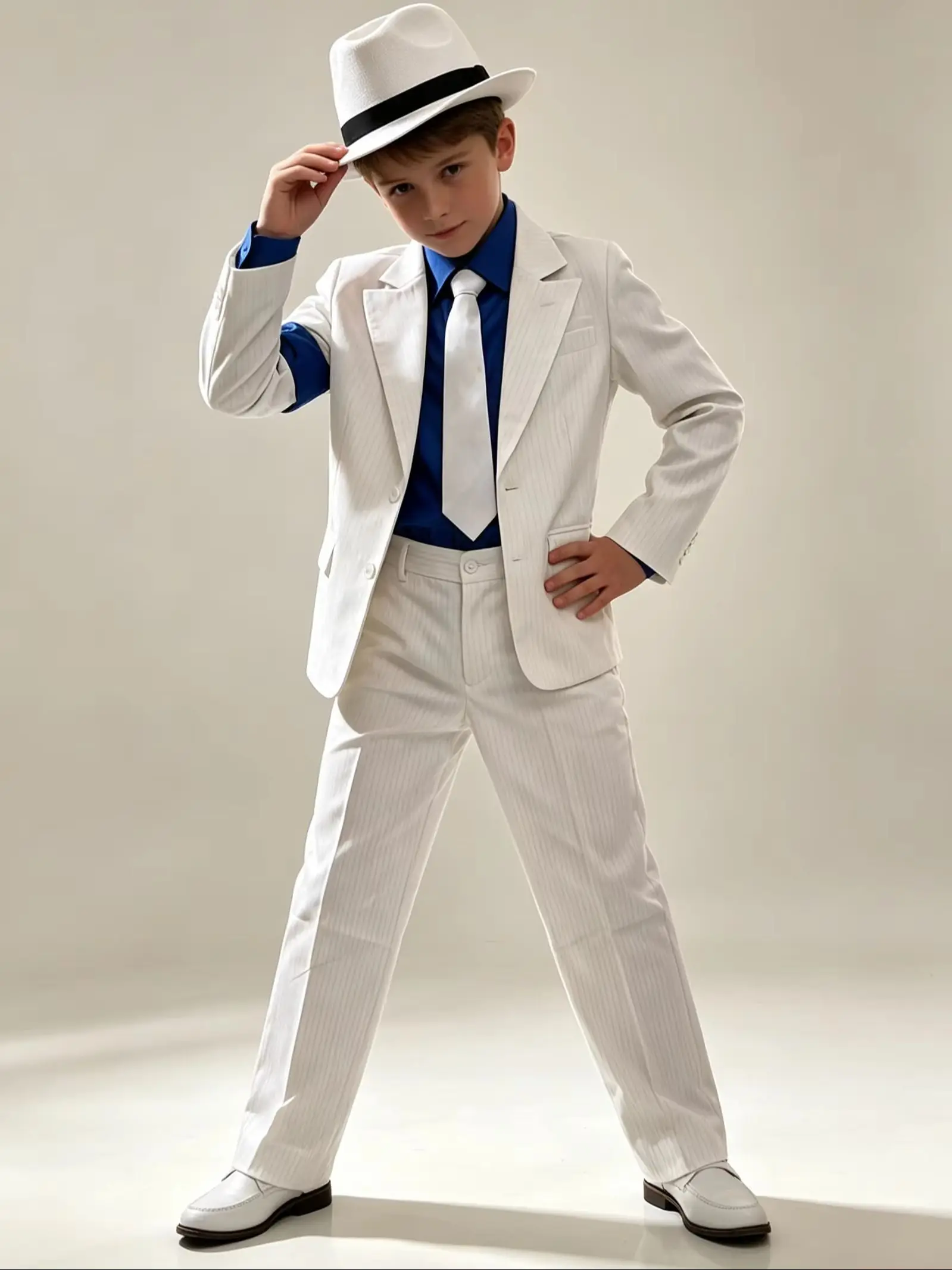 Traje formal temático para niños, conjunto blanco con rayas finas para niños con sombrero y corbata, disfraces de fiesta adecuados para Halloween y diversos carnavales