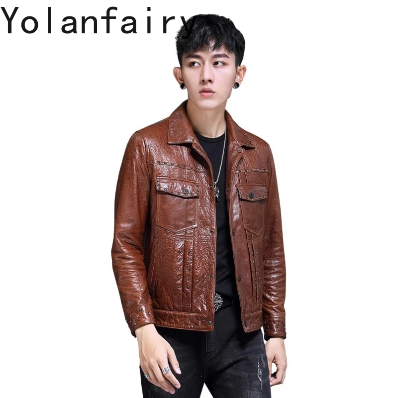 

YOLANFAIRY New Real Oil Wax Sheepskin Vintage Leather Jacket Men Slim-fit Fashion Short Genuine Leather Coat Men's Brown Jackets