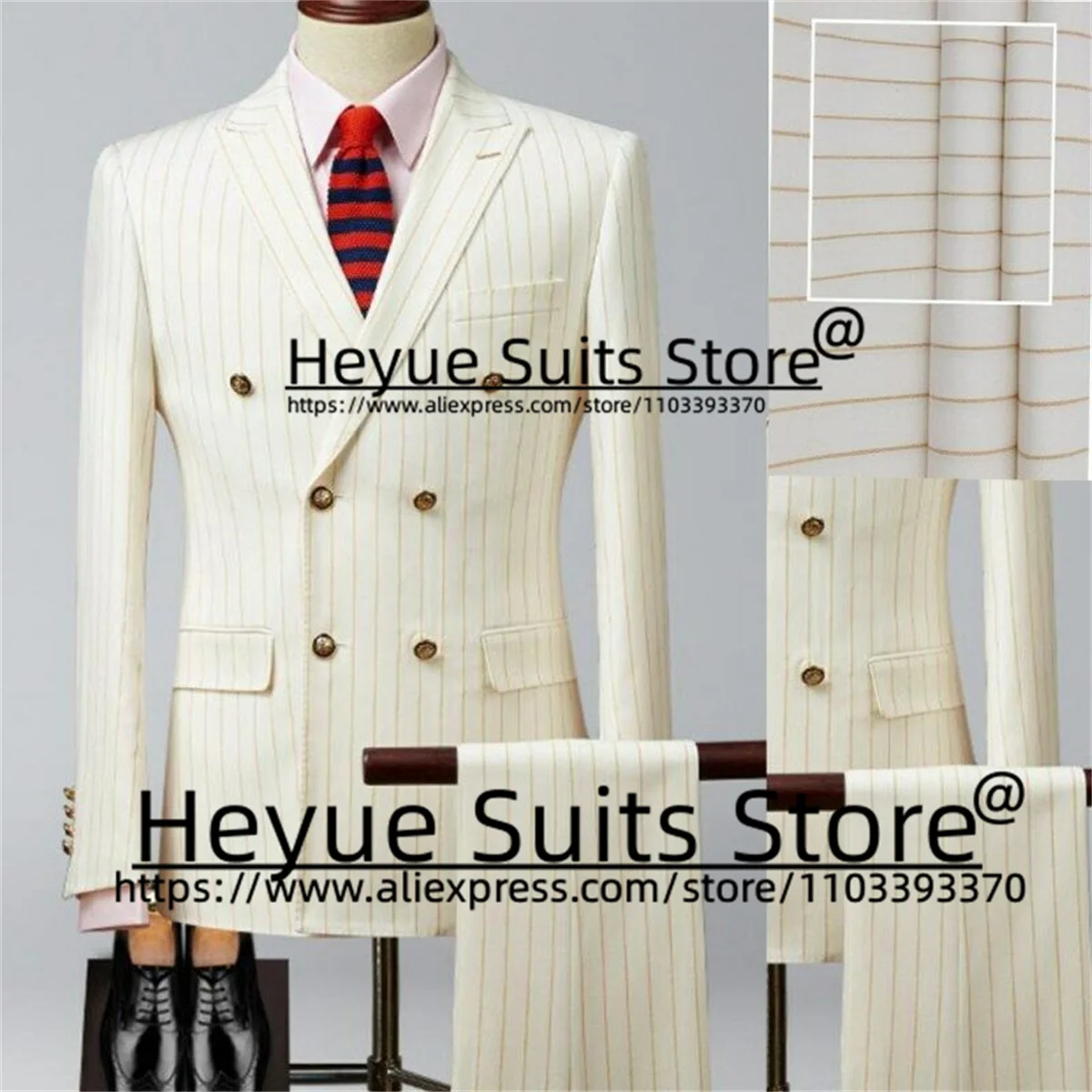 

White Stripe Luxuly Men Suits Slim Fit Double-breasted Groom Formal Tuxedos 2 Pcs Sets Office Work Male Blazer Costume Homme