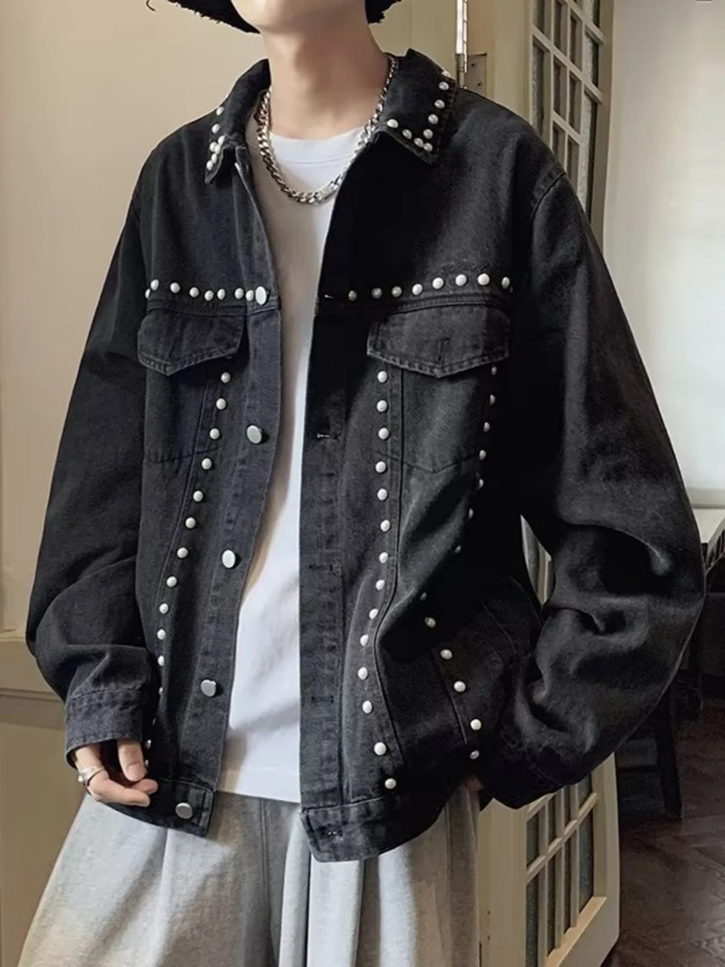 

Bla Denim Jaet Men's High-End Rivet Workwear Collared American Retro Outfit Long Sve Wear Resistant Autumn Outerwear