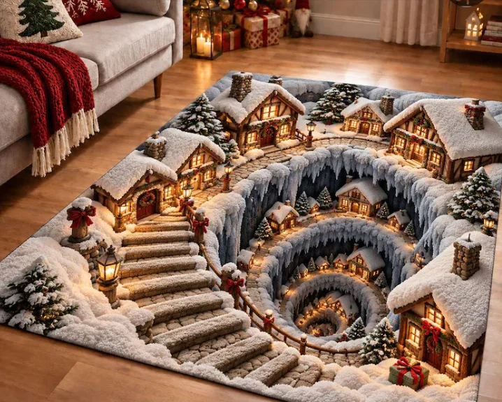2D Spiral Village Area Rug, Snowy Stairs Abyss Runner Rug, Winter Kitchen Mat, Christmas Holiday Doormat, Magic Xmas Home Decor