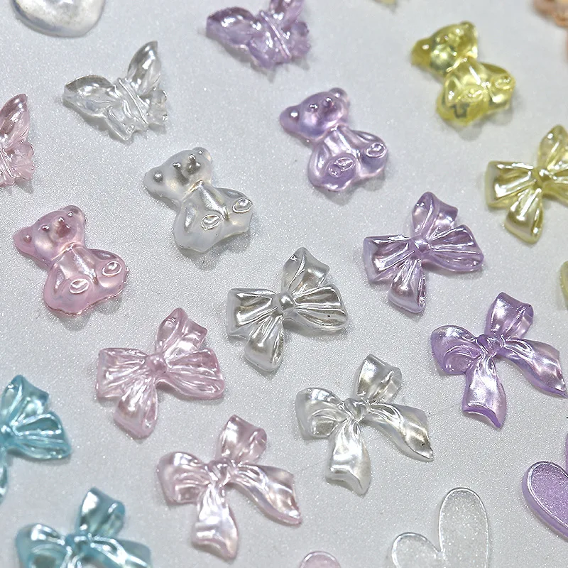 50PCS 3D Aurora Clear Resin Bow Heart Nail Art Charms Cute Bear Butterfly Glitter Nails Decoration Supplies Jewelry Accessories