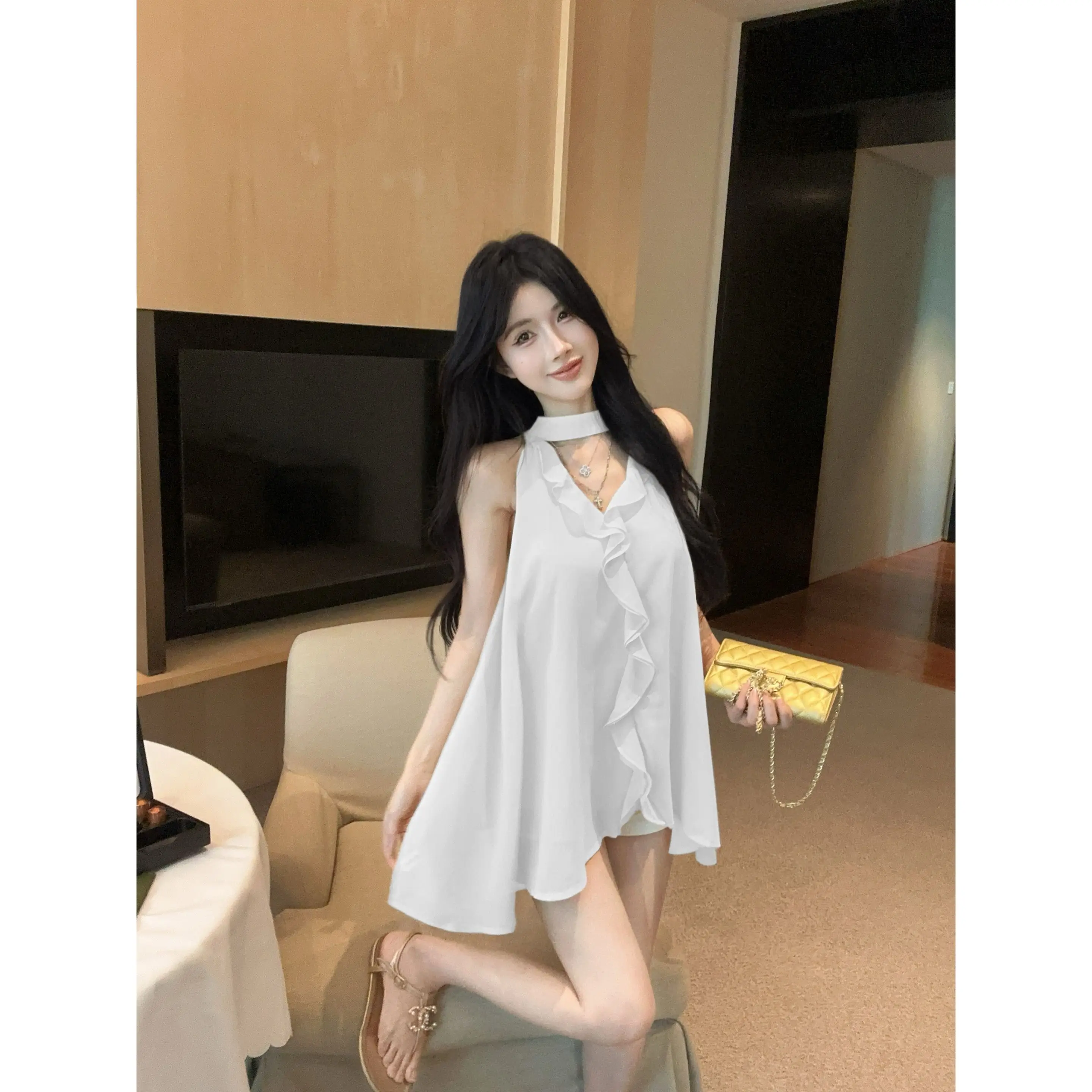 New Summer Wear Yellow Top For Women'S French Ruffle Design V-Neck Scarf Streamer Chiffon Shirt