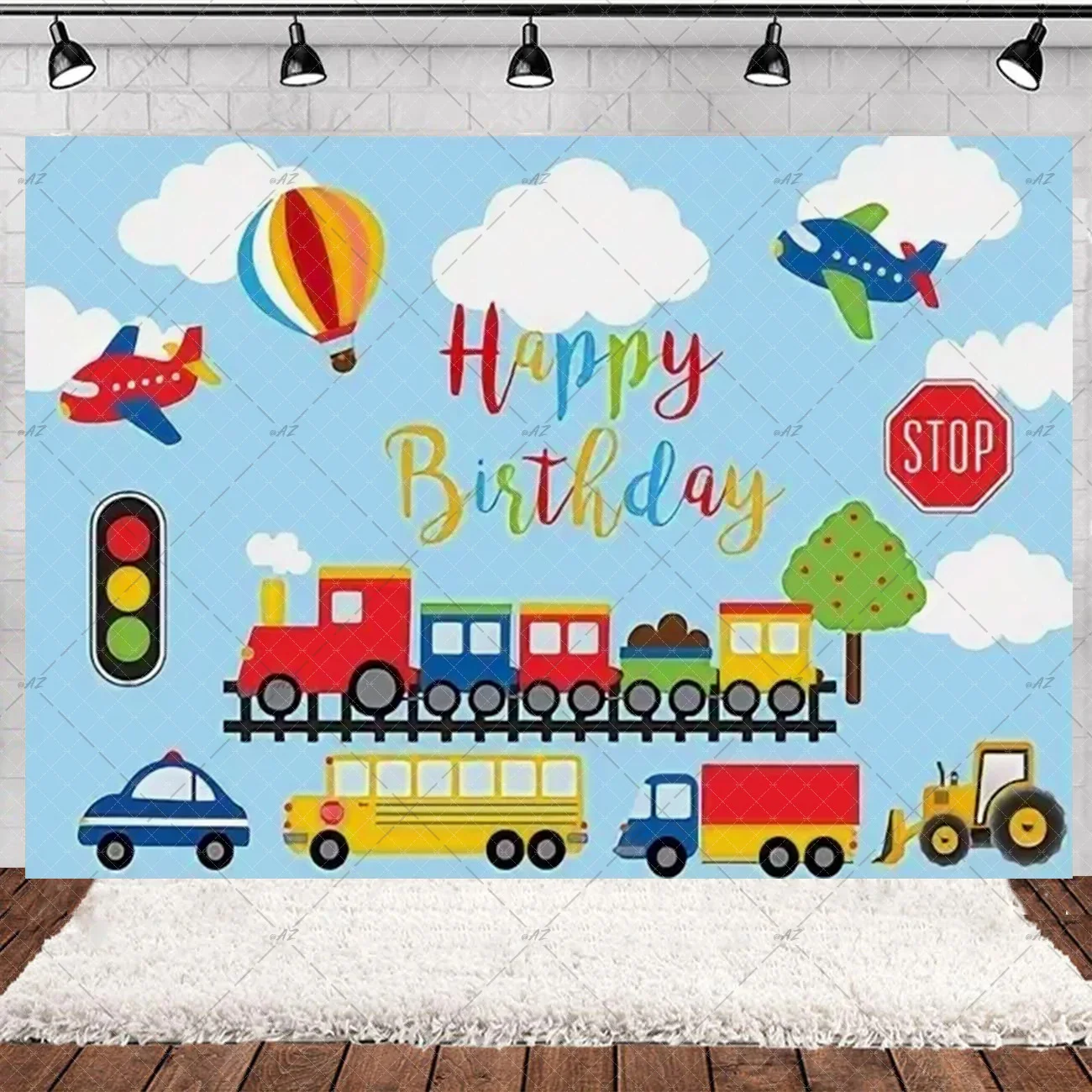 Cartoon Transportation Car Colorful Small Train Theme Background Child Birthday Party Decorations Baby Shower Supplies Backdrop view 3