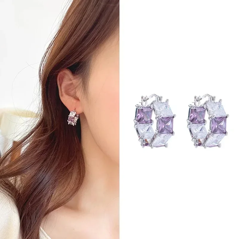 Высококачественные серьги-кольца с инкрустацией цирконом, стильные и стильные квадратные серьги с пряжками для ушей