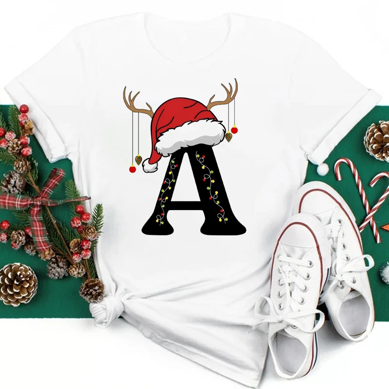 Custom Name Letter Combination Women T-shirt Cute Christmas Hat Font A B C D E F G Short Sleeve Tops Merry Christmas T-shirts