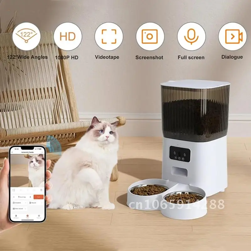 Automatischer Katzenfutterautomat, intelligenter automatischer Futternapf, APP mit Kamera, Fernbedienung, Haustier-Doppelzubehör, Hundebekämpfung, 5 l Futterspender, Schüssel, große Katze