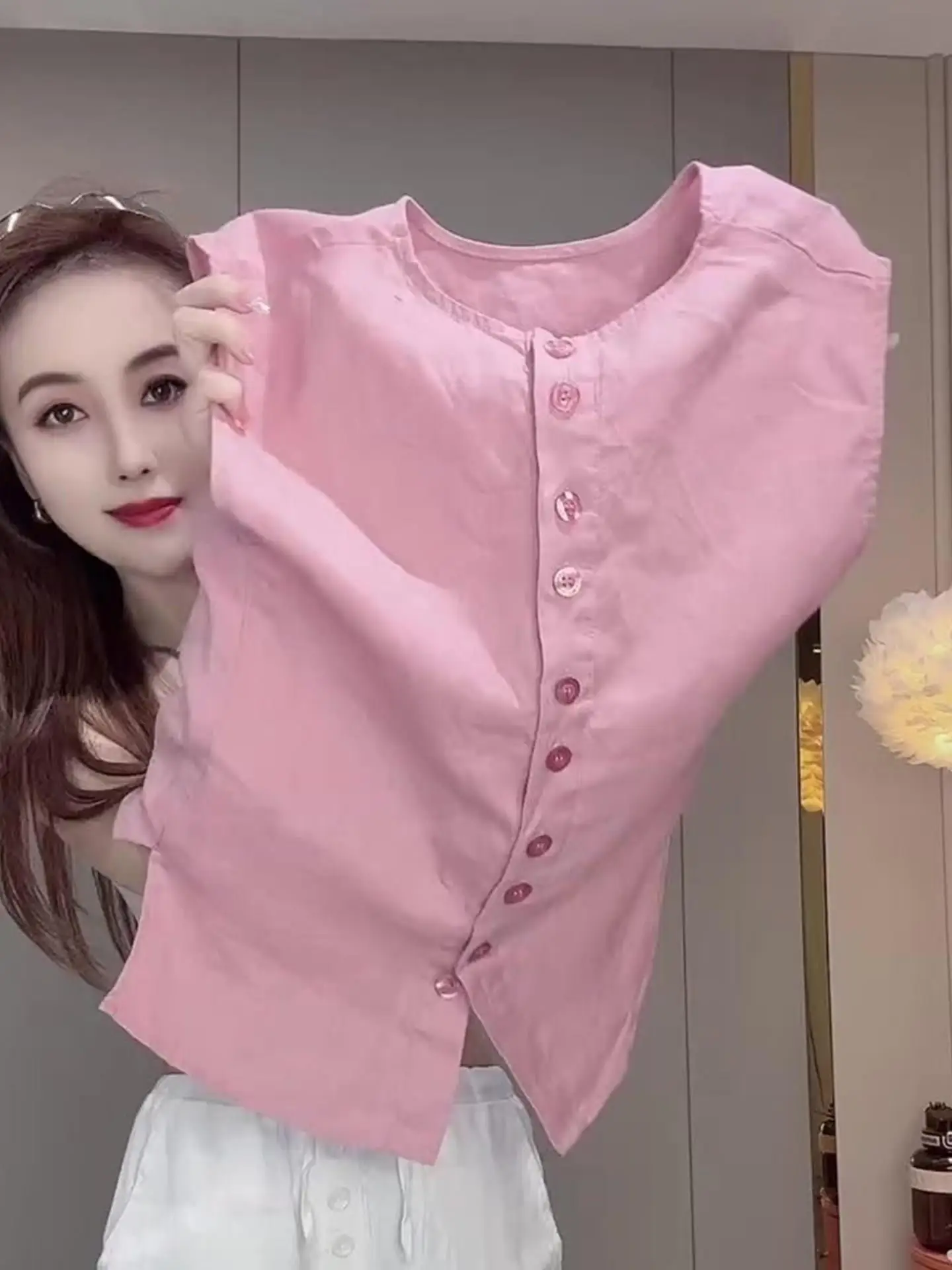 

Pink Linen Button-Up round Ne Svel Top Versatile Gentle Sle New Design Summer 2025 Women's Faion Commute Sle