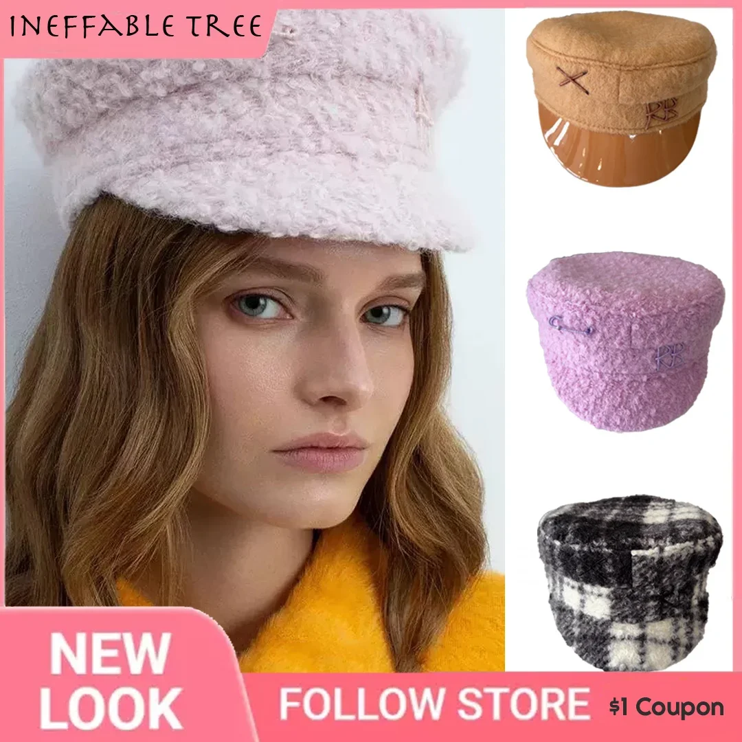 Brand Designer Pink Purple Winter Baker Boy Caps Pink Lamb Hair Letter Newsboy Caps Thick Warm Flat Cap Casquette Homme Luxe