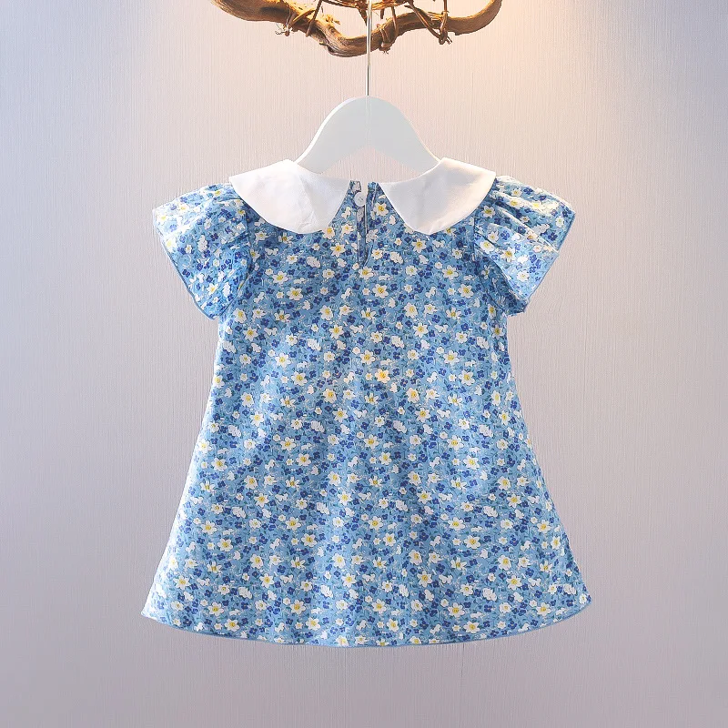 0-3Y Summer Clothes Fashion Baby Girls Dress Short Sleeve Blue Floral Embroidery Princess Dress Newborn Infant Kids Clothes