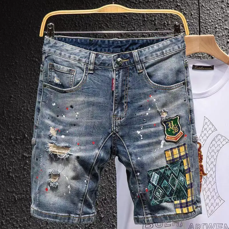 New Luxury Fashion Ink Splashing Blue Denim Shorts Men's Korean Brand Youth Summer Thin Embroidered Designer Ripped Short Pants