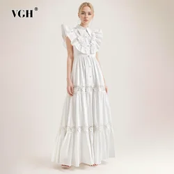 VGH Solid Patchwork Lace Elegant Dresses For Women Lapel Flying Sleeve High Waist Sliced Single Breasted Dress Female Fashion