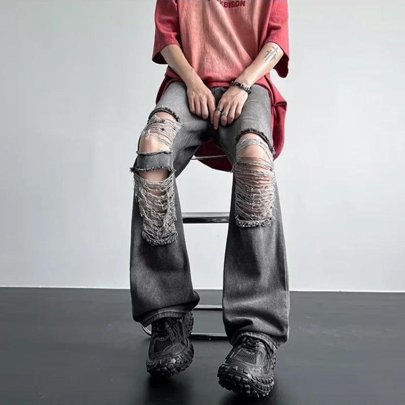 Jeans Männer Distressed Loch Unisex Gerade All-match Chic Sommer Lose Gewaschen Vintage High Street Amerikanischen Stil Denim Mode
