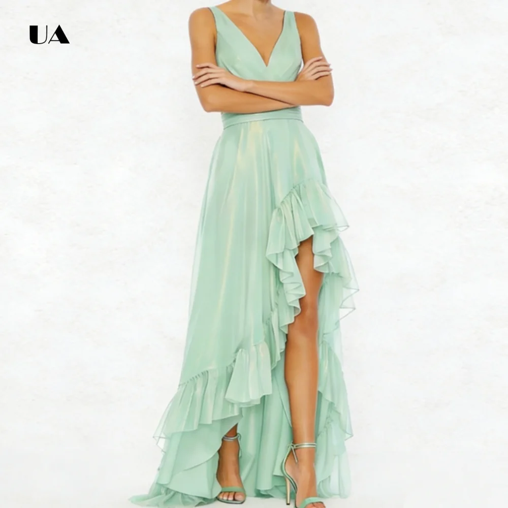 ULBYANRY Asymmetrical Prom Dress with Deep V-neck Sleeveless Cut Out Evening Dress with Ruffled Hem Draped Customized Party Gown