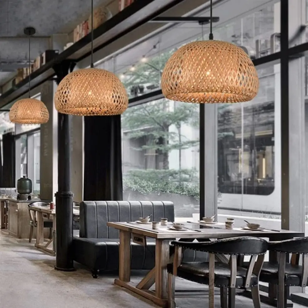 Modern Led Pendant Lamp Natural Rattan Wicker Chandeliers Hand-Woven Bamboot Lampshades E27 Lighting Fixtures Hanging Light