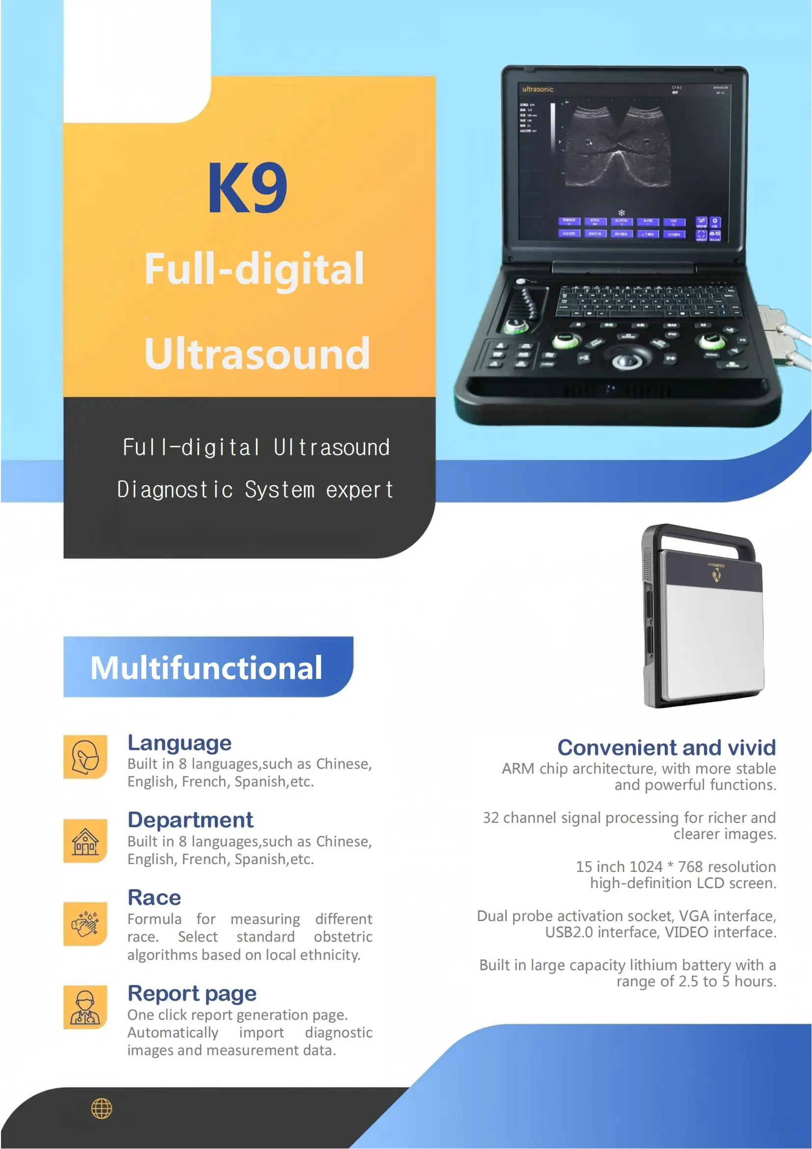 New Upgrade 15 Inch LED Human Use Laptop Notebook Sonography USG Ultrasound Scanner Diagnostic Echo Machine