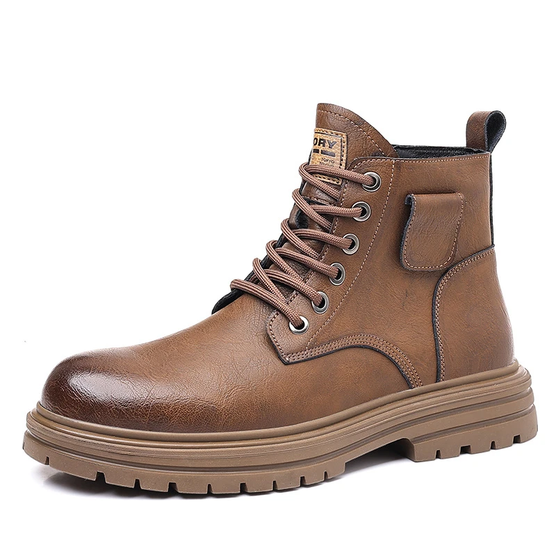 Picture 7: Mens Brown Vintage Leather Combat Boots Side Pocket Decor Lace Up Chunky Sole Ankle Boots Casual Work Daily Travel Shoes Fashion