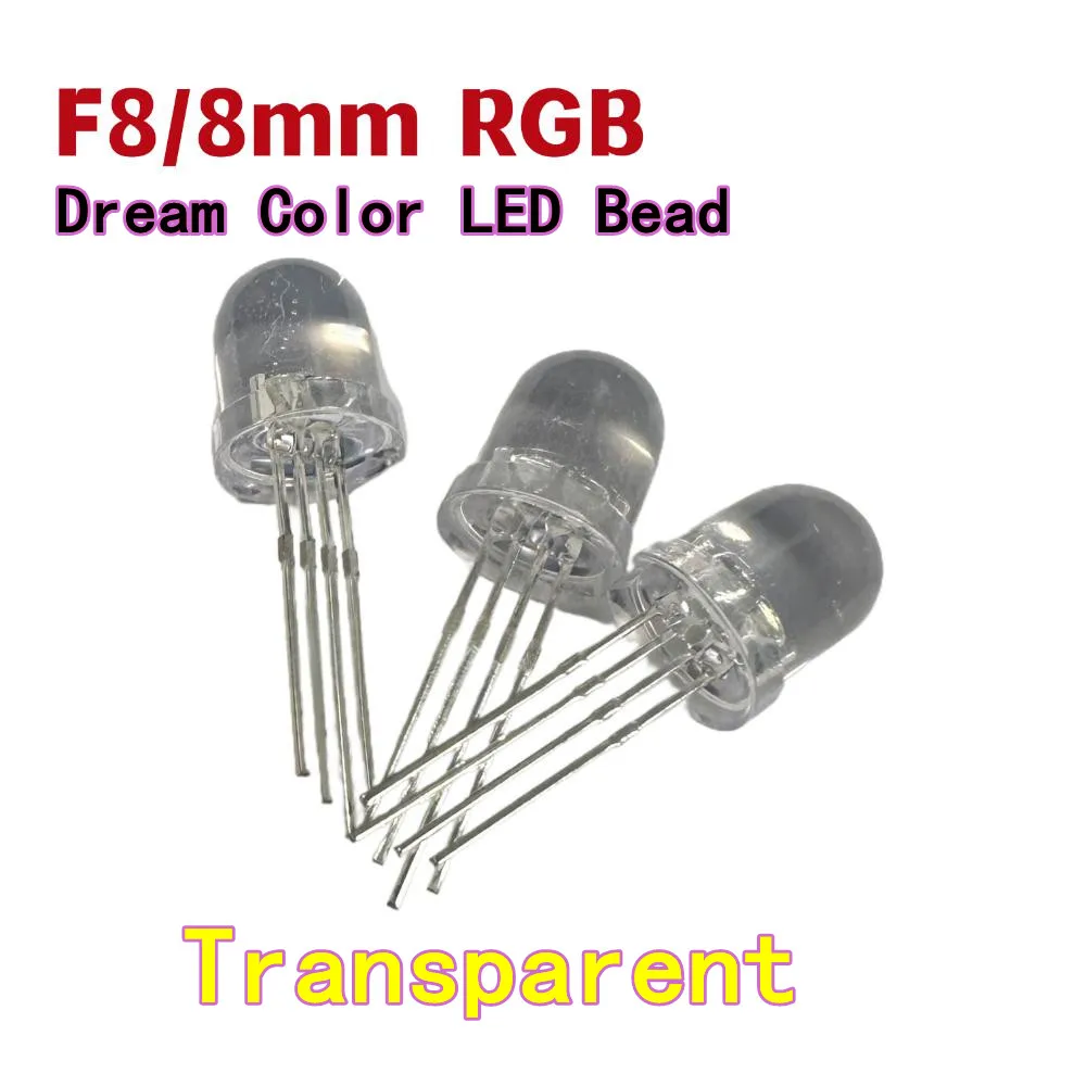 50PCS F8/8mm 드림 컬러 WS2812B LED 비드, 내장형 IC, 프로그래밍 가능, 둥근 머리, 투명 및 반투명, 5V 고휘도