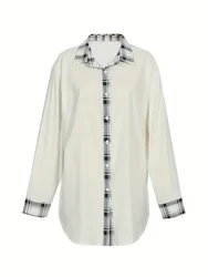 plus Size High Slit Plaid Button down Shirt Women's Casual Long Shirt Spring Summer New Hit Color